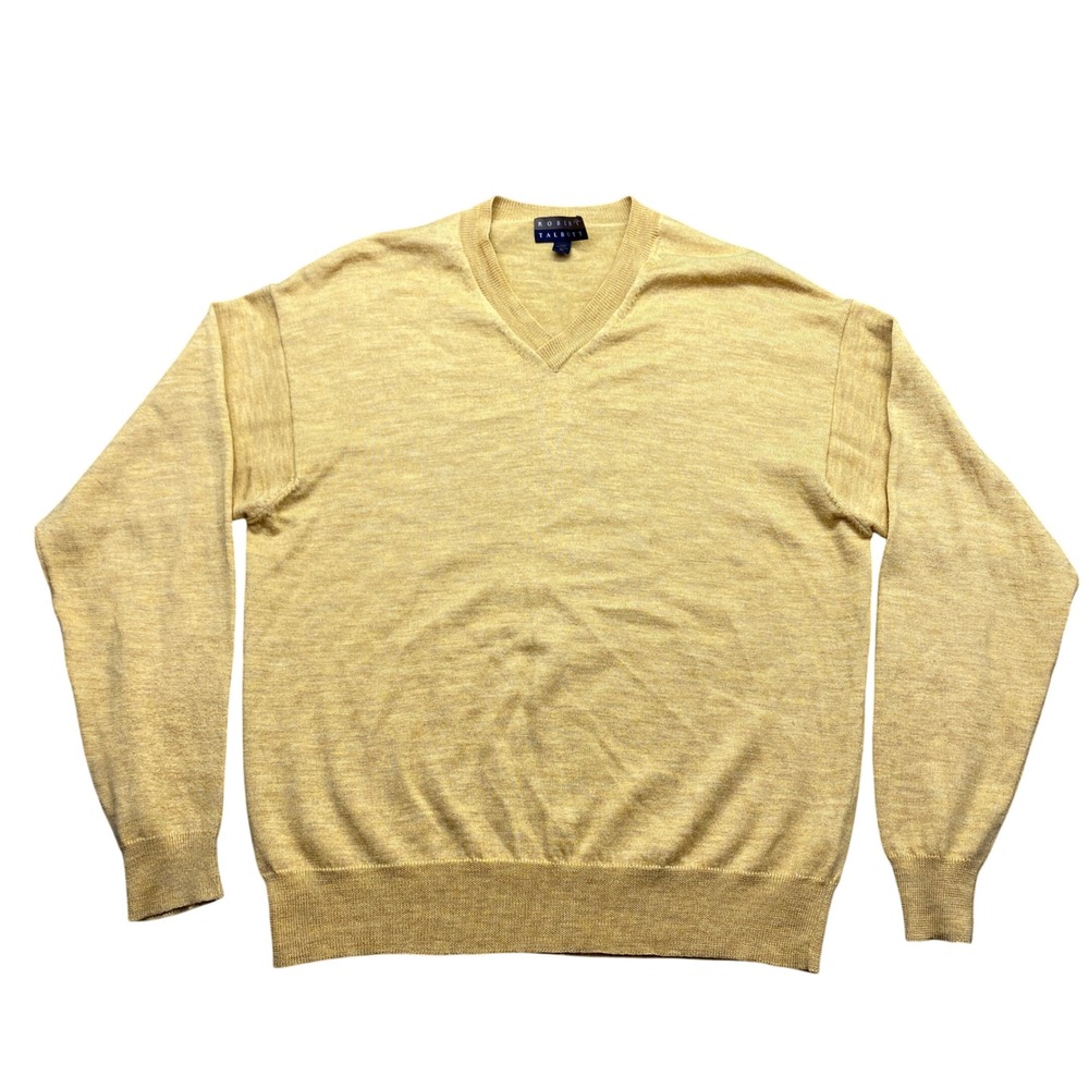 Robert Talbott Mens M Mustard Yellow 100% Merino Wool V-Neck Long Sleeve Sweater